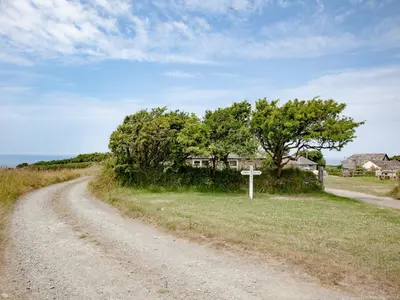 a dirt road next to a field with trees at The Roundhouse - Tbe in Crackington Haven