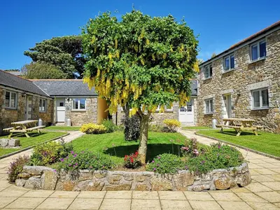 a tree in a garden next to a stone building at Maple Barn in Porthtowan