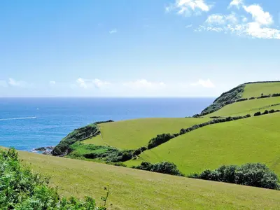 a green hillside with the ocean in the background at Penty Rosen in Pentewan