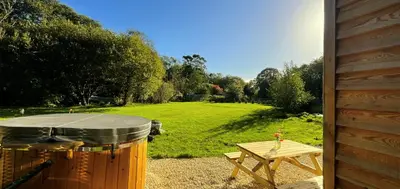 a grill and a picnic table in a yard at Gillan Creek Retreat in Helston