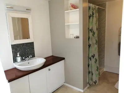 a bathroom with a sink and a shower curtain at The Coach House within heritage Tregrehan Garden on Cornwall's South Coast in Carlyon Bay