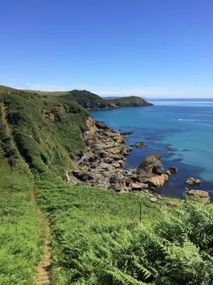 a view of the ocean from a hill with green grass at The Coach House within heritage Tregrehan Garden on Cornwall's South Coast in Carlyon Bay