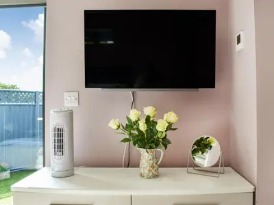 a tv on a wall with a vase of flowers at Pentarow in Constantine