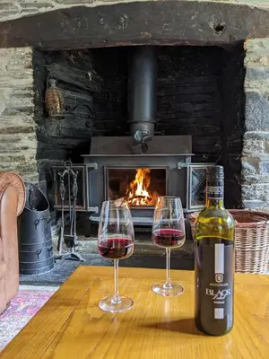 two glasses of wine on a table in front of a fireplace at Foxglove Cottage in Launceston