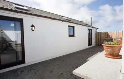 a white building with a potted plant on a patio at Cornish Views in Camborne