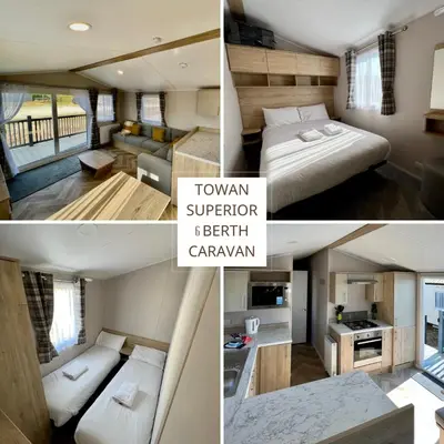 a collage of four pictures of a bedroom and a caravan at Perranporth Golf Club Self-Catering Holiday Accommodation in Perranporth