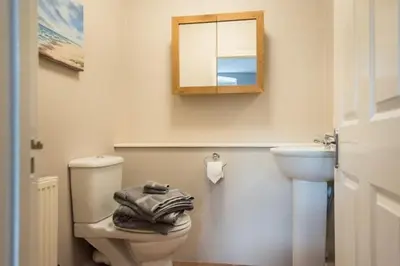 a bathroom with a toilet and a sink and a mirror at Stone's Throw - 2 Bed Apartment Centre of Falmouth in Falmouth