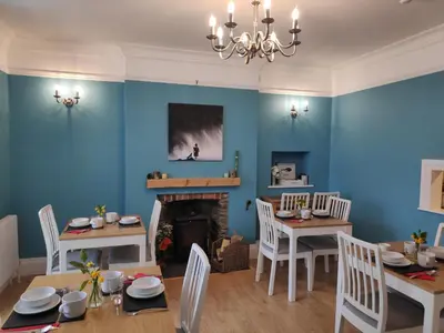 a dining room with blue walls and a fireplace at Chandler's Lodge B&B in Camelford