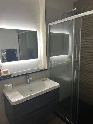 a bathroom with a sink and a glass shower at Carbis Daze Ocean Views Studio, SuperKing bed St Ives Carbis Bay in Carbis Bay