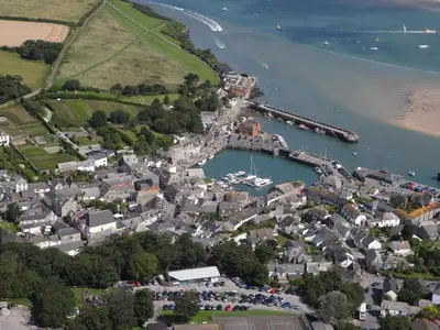 an aerial view of a small town next to the water at The Boat House in Padstow