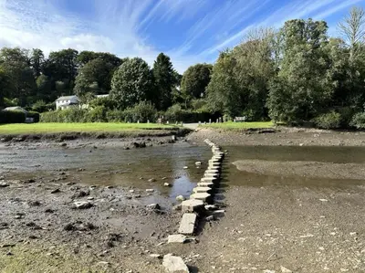 a river with a row of bricks in the water at The Ship Inn Lerryn in Lerryn