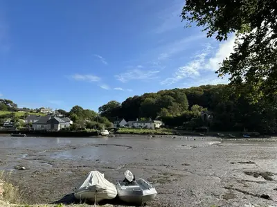 a boat sitting on the shore of a river at The Ship Inn Lerryn in Lerryn
