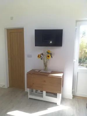 a living room with a tv and a table with flowers on it at Lanarth Chalet in Hayle Cornwall in Hayle