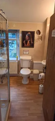 a bathroom with a toilet and a painting on the wall at Moonraker Room with a View with ensuite shower room in St Austell