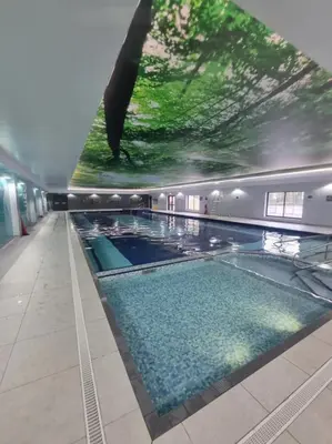 a large swimming pool in a building with a painting on the ceiling at 3 Bedroom lodge Hengar Manor sleeps 6 115 in Michaelstow