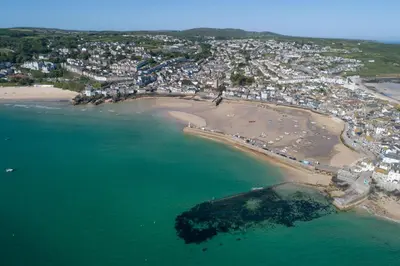 an aerial view of a beach and a city at No 1 St Eia, St Ives in St Ives