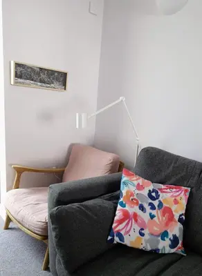 a living room with a couch with a pillow on it at Cosy house on a quiet estate in Truro in Truro
