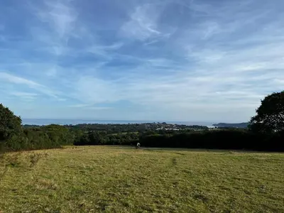 a large field with a person in the distance at Barrel Cabin 1 in St Austell