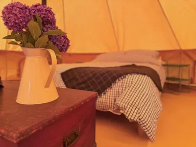 a vase with purple flowers sitting on a table at Furnished Bell Tent 3 in Carlyon Bay