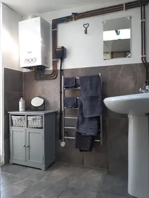 a bathroom with a sink and a mirror and a sink at The Shepherd Hut in Carleen