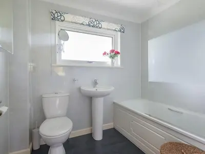 a bathroom with a toilet and a sink and a window at Curlew in Wadebridge