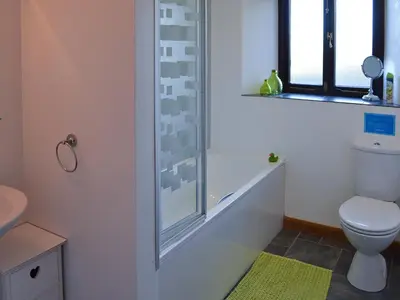 a bathroom with a toilet and a glass shower at Eglos Derry Farm Cottage - E4597 in Cury