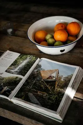 a book and a bowl of oranges and a bowl of fruit at Kudhva 3 in Treknow