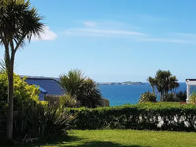 a view of a body of water with a palm tree at Ground Floor Chyreene in Phillack
