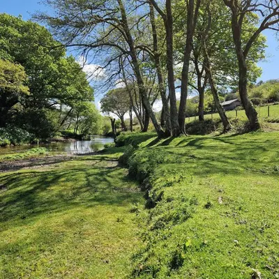 a grassy field with trees and a river at Riverside cottage on private wildlife estate 2-bed in Washaway