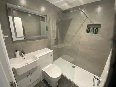 a bathroom with a toilet and a sink and a shower at Riverview Modern 2 Bed- Parking & Tesla charger in Penryn