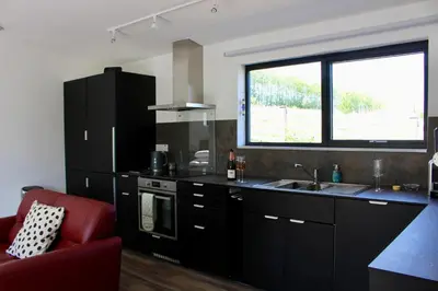 a kitchen with black cabinets and a red couch at Cicero's Lodge in Padstow