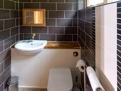a bathroom with a sink and a toilet at Deerpark Cabins, Cornwall - Forest Holidays in Liskeard