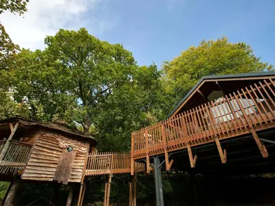 a large wooden cabin with a large deck at Deerpark Cabins, Cornwall - Forest Holidays in Liskeard