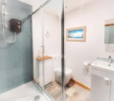a bathroom with a shower with a toilet and a sink at Heart of Kernow Holiday Home in Bugle