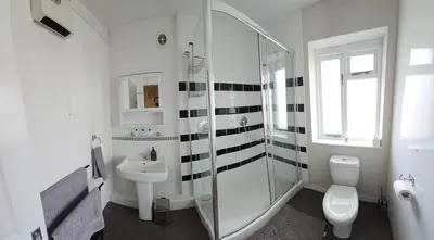 a bathroom with a shower and a sink and a toilet at Acklington 2 bedroom property in Menheniot