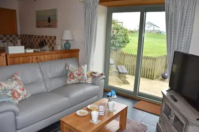 a living room with a gray couch and a television at Beech cottage is a beautiful 1 bed cottage in Saint Ewe
