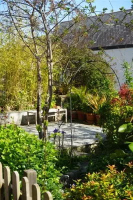 a garden with a white fence and some plants at Dunlin Cottage in Penryn