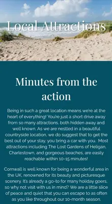 a poster of a beach with the words minutes from the action at Calm View in St Austell