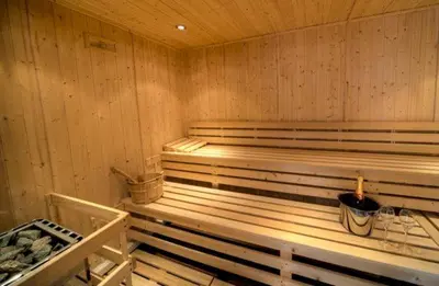 a sauna with wooden walls and benches in a room at House 22 in Looe