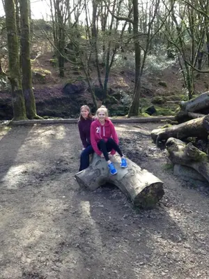 two girls sitting on top of a tree stump at Trecorme Barton in Quethiock