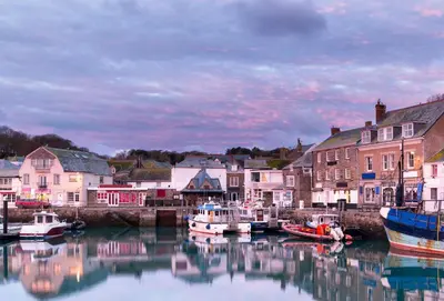 a group of boats are docked in a harbor at Woodlands in Newquay