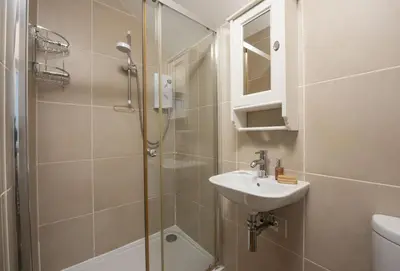 a bathroom with a shower and a sink at Little Tresevens in Polzeath
