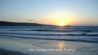 a bird flying over the ocean at sunset at D17 Vellanoweth, Riviere Towans in Hayle