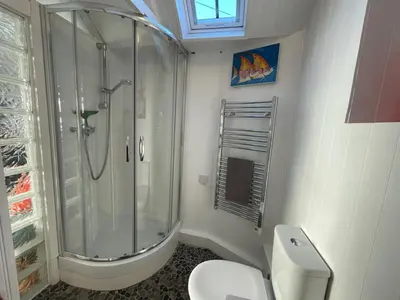 a white bathroom with a shower and a toilet at Sandown 4 bedroom house St Teath in Saint Teath
