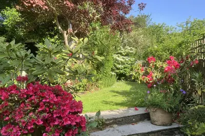 a garden with pink flowers in a yard at Hollyhocks Cottage surrounded by beautiful Cornish countryside. in Helland