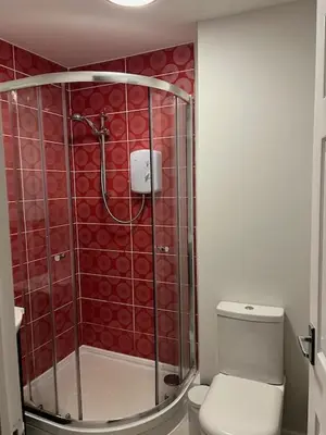 a bathroom with a shower and a toilet at Entire 2 bedroom house in a great Cornish location in Saint Columb Road Station