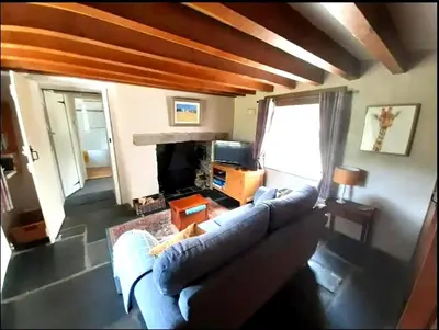 a living room with a blue couch and a fireplace at Cottage - Sleeps 2 - River Lynher walks & fishing in Linkinhorne