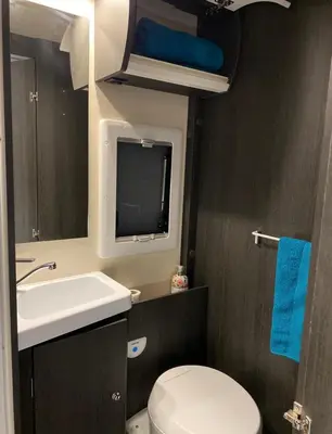 a small bathroom with a toilet and a sink at Raffy The Motorhome in St Merryn