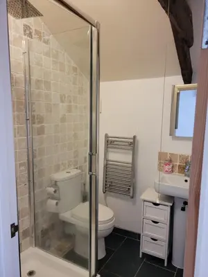 a bathroom with a shower and a toilet and a sink at Carbis Bay Cabins in Carbis Bay