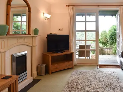 a living room with a television and a fireplace at Little Larnick in Looe